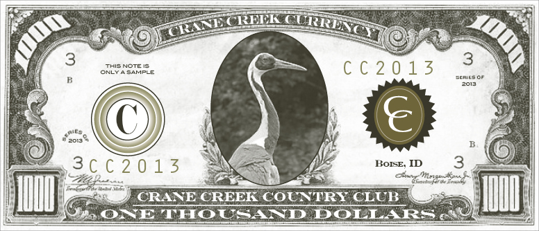 A one thousand dollar bill recreated as Crane Creek Currency with various details changed to reflect the country club.