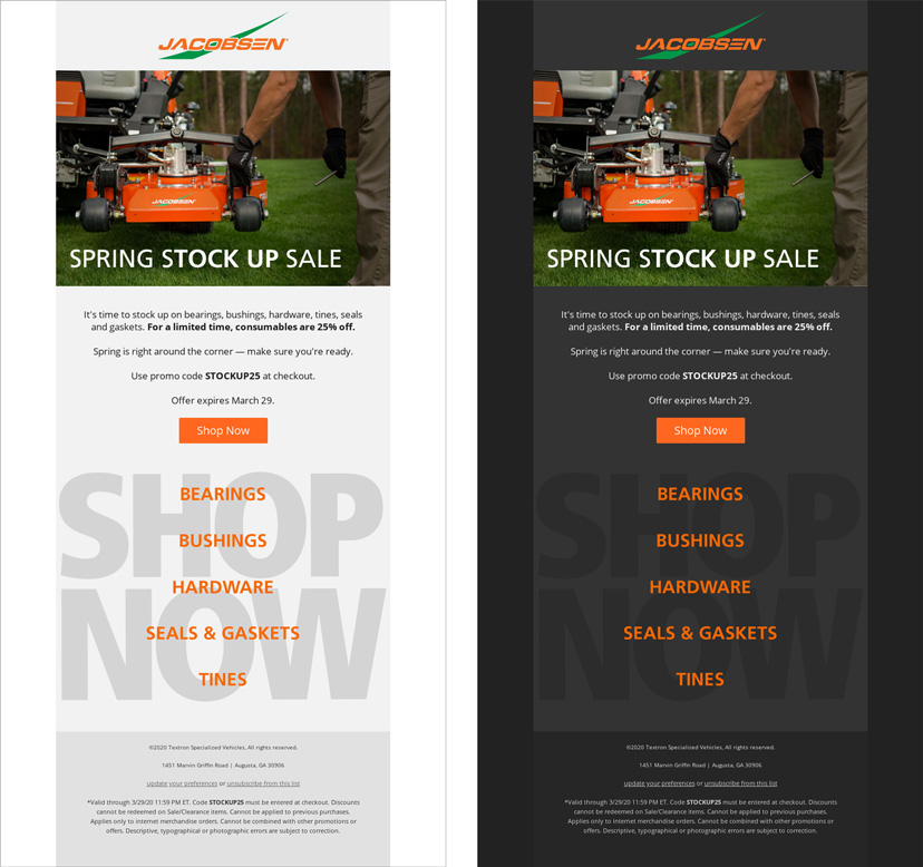 Two Jacobsen emails side by side, identical except for the fact that the left is shown in light mode and the right is shown in dark mode.