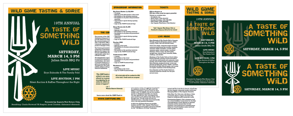 A collection of collateral for A Taste of Something Wild, including a flyer, a brochure and two social media graphics.